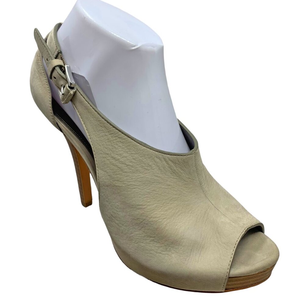COACH Apryl Stone Nubuck Cut Out Peep Toe Logo Buckle Stilettos